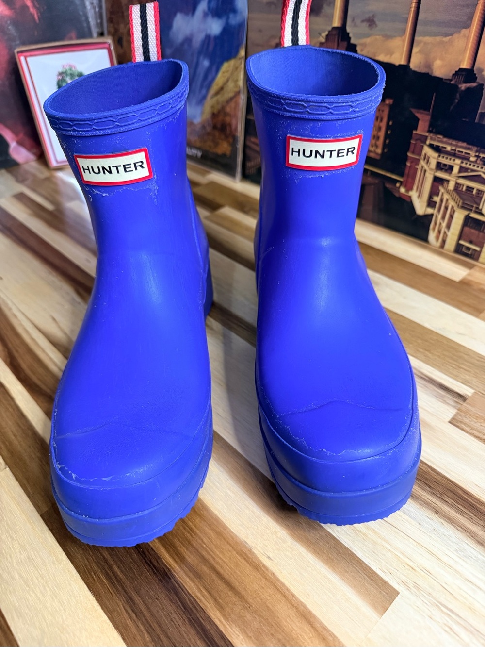 Hunter rain boots GUC W9 waterproof collegiate, fall festival, flannel, colorful